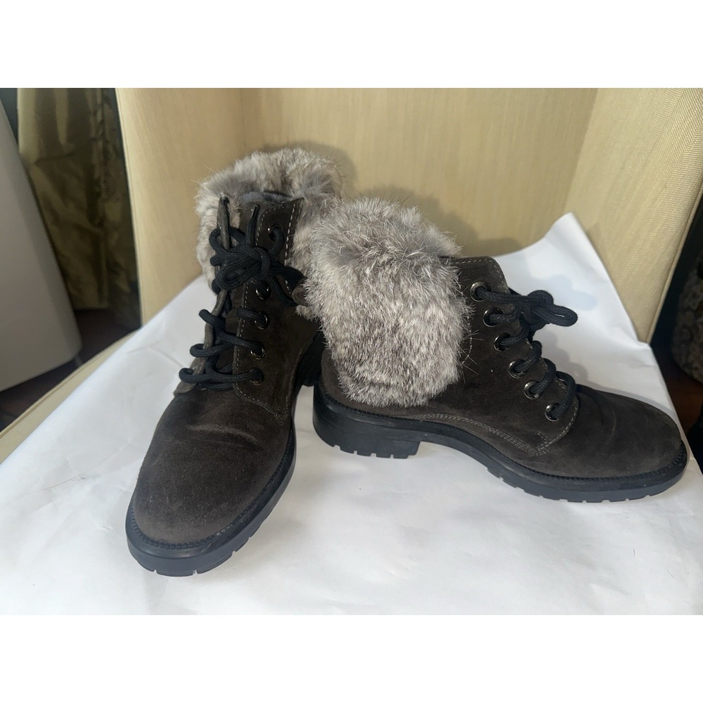 Aquatalia Womens Boots Lacy Size 6.5 Black Suede Shearling Rabbit Fur Waterproof